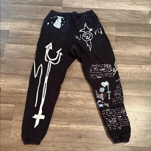 Saint John's Bay Active Black Joggers with White and Blue Graphics
